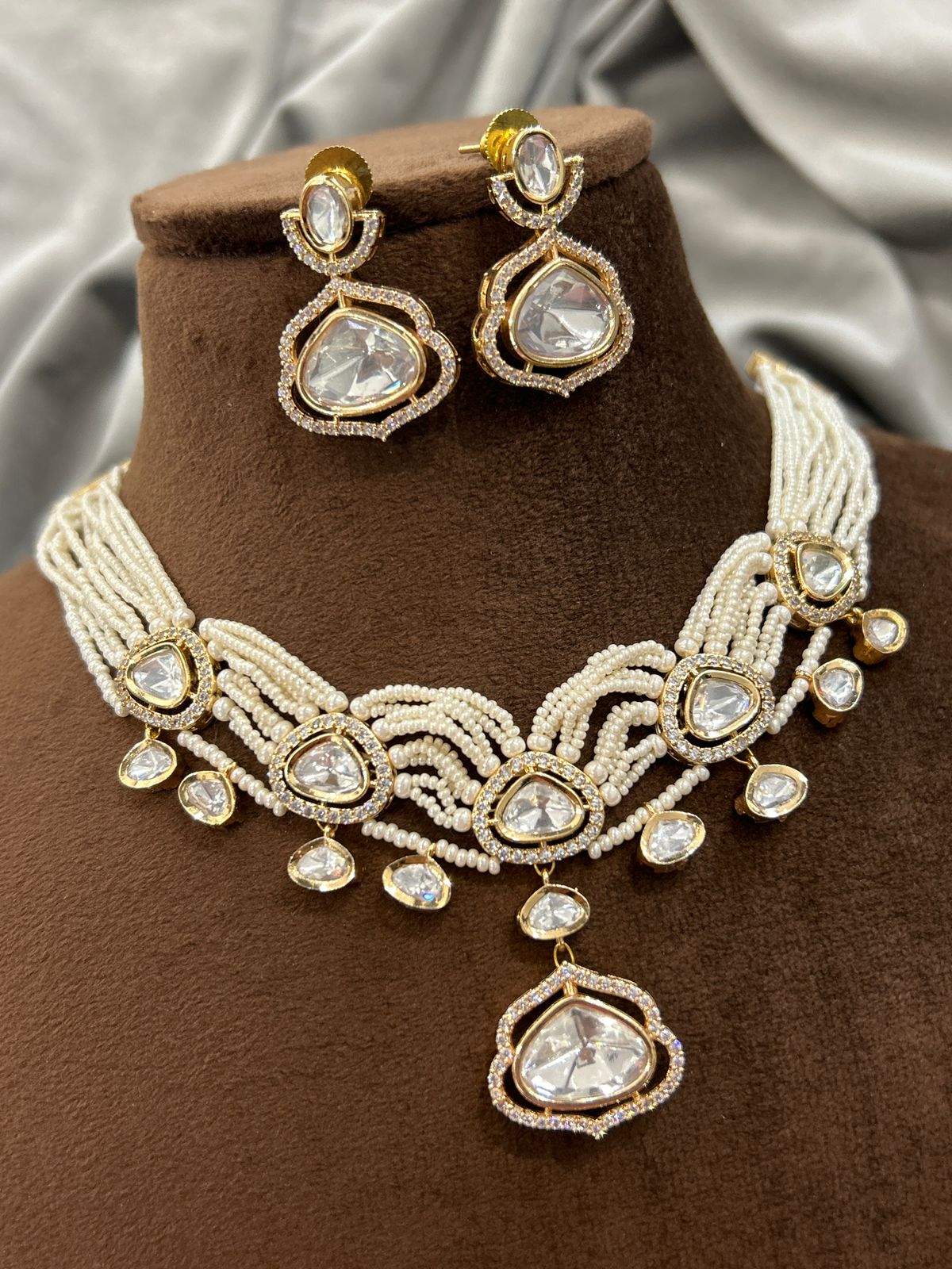Pearl Strings Diamond Kundan Necklace Set